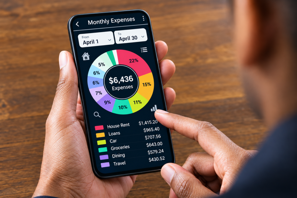 ai for budgeting app showing monthly spending categories on a phone